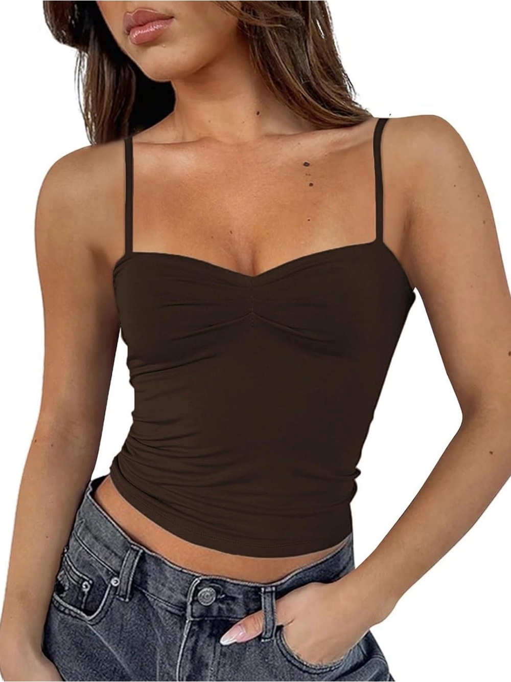 ForeFair Women Y2K Sweetheart Neck Sleeveless Crop Tank Tops size XS Brown